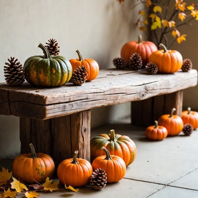 Pumpkins and Pinecones on Wooden Bench