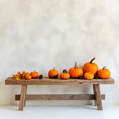 Pumpkins on Wooden Bench