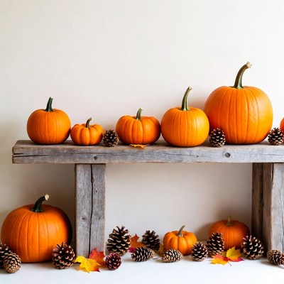 Orange pumpkins on wooden bench
