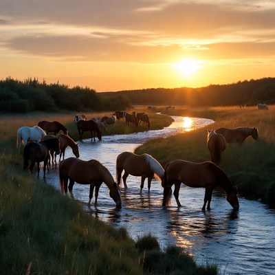 Horses drinking from river at sunset