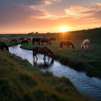 Horses grazing by stream at sunset