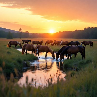 Horses drinking at sunset stream
