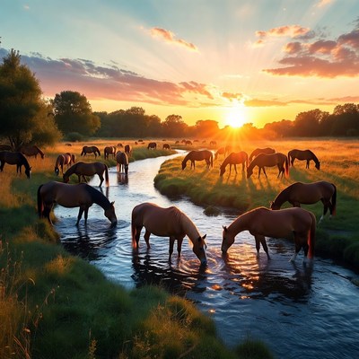 Horses drinking at sunset river