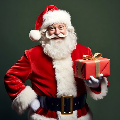 Smiling Santa Claus holding red gift