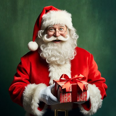 Smiling Santa Claus holding red gift