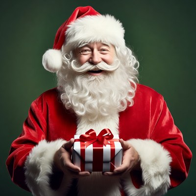 Santa Claus holding red bow gift