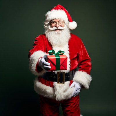Santa Claus holding green gift