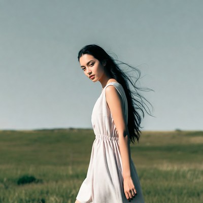 Asian woman in white dress in field