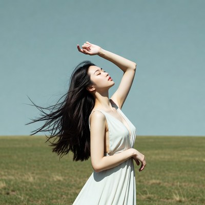 Asian woman posing in white dress field
