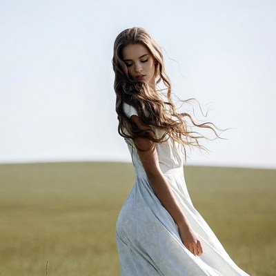 Woman in white dress in green field