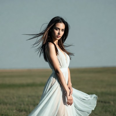 Woman in flowing white dress in field