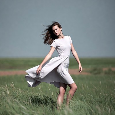 Woman in white dress in windy grass field