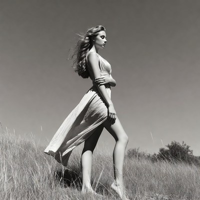 Woman in flowing dress on grassy hill