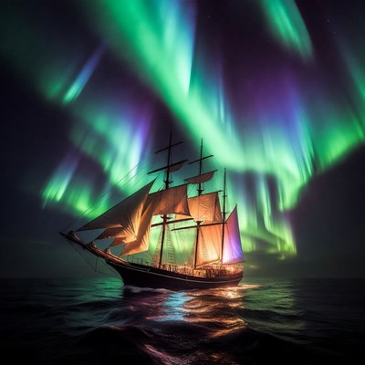 Sailing Ship Under Northern Lights