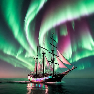 Sailing Ship Under Aurora Borealis
