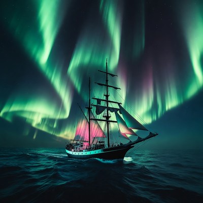 Sailing Ship Under Northern Lights