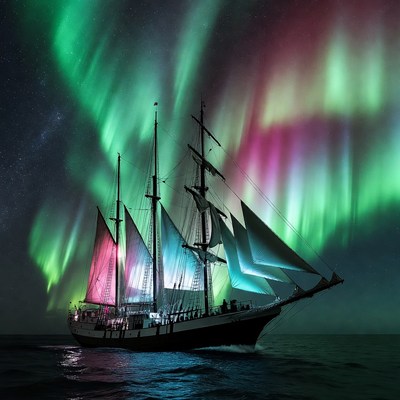 Sailing Ship Under Aurora Borealis