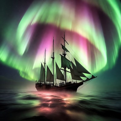 Sailing Ship Under Aurora Borealis