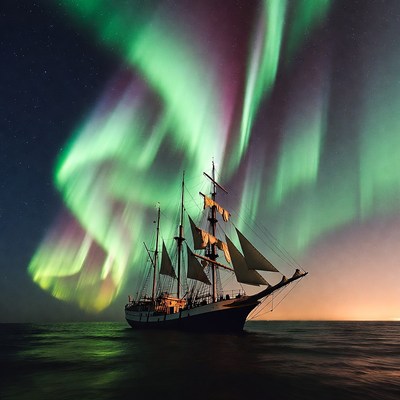 Sailing Ship Under Northern Lights