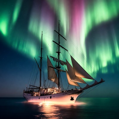 Sailing Ship Under Northern Lights