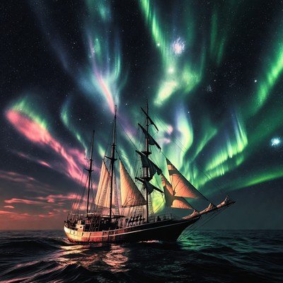 Sailing Ship Under Aurora Borealis