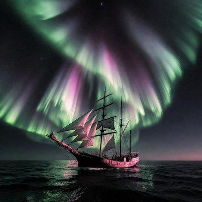 Pirate Ship Under Northern Lights