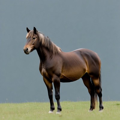 Bay horse standing in green grass
