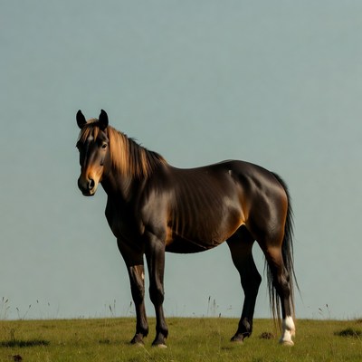 Bay horse standing in green field