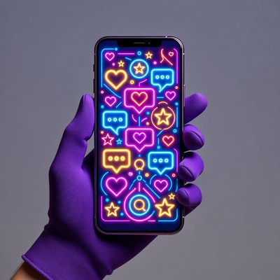 Purple Gloved Hand Holding Neon iPhone