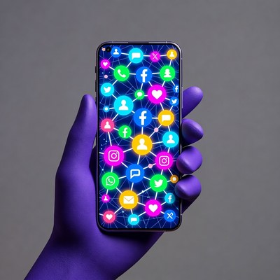 Purple Gloved Hand Holding Social Media Phone