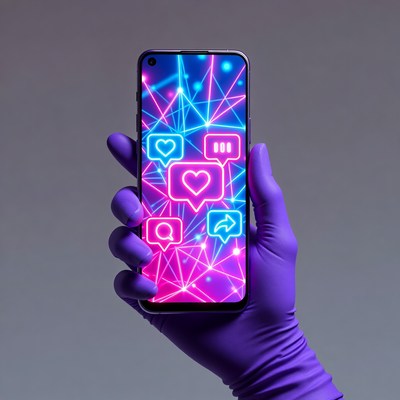Hand in Purple Glove Holding Neon Smartphone