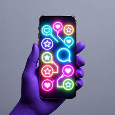 Purple hand holding glowing smartphone