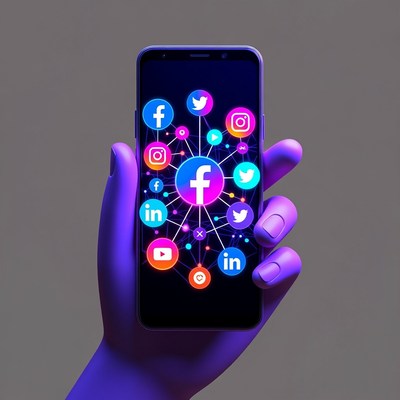 Hand Holding Phone with Social Media Icons