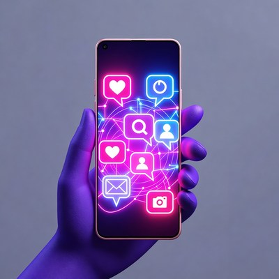 Hand Holding Neon Social Media Phone