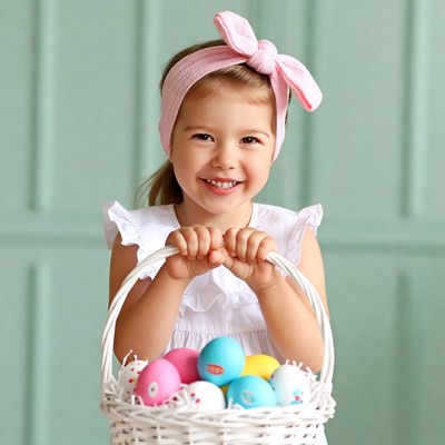Girl holding Easter basket with eggs