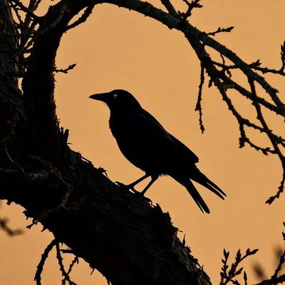 Black Crow Perched on Tree Branch Silhouette