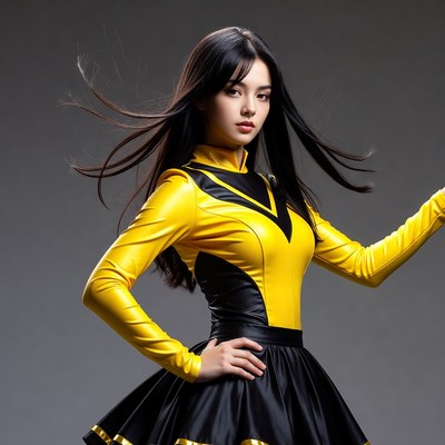 Asian woman in yellow black shiny dress