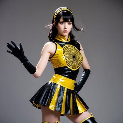 Asian woman in black yellow cosplay outfit