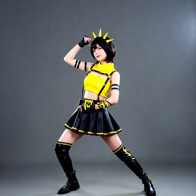 Woman in yellow black cosplay pose
