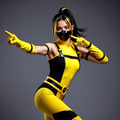 Woman in black yellow cosplay suit