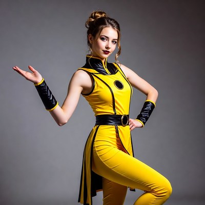 Woman in yellow black superhero costume