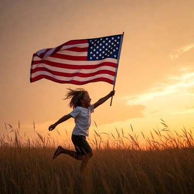 Boy running with American flag at sunset