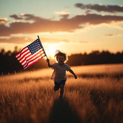 Boy running with American flag