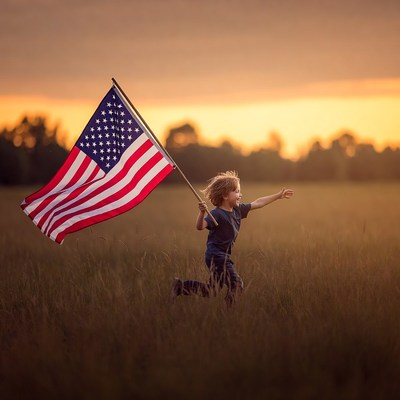 Boy running with American flag