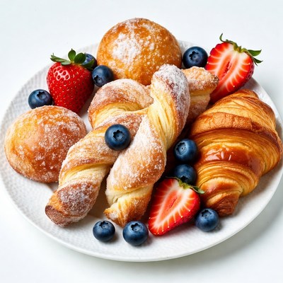 Croissants, Pastries, Berries on Plate