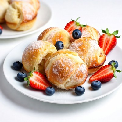 Powdered Buns with Strawberries and Blueberries