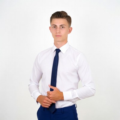 Young man in white shirt and navy suit