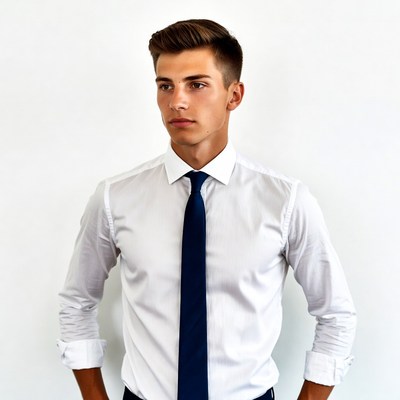 Young man in white shirt and navy tie