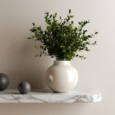 Green Boxwood in White Vase on Marble Shelf