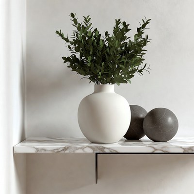 White vase with green branches and gray spheres